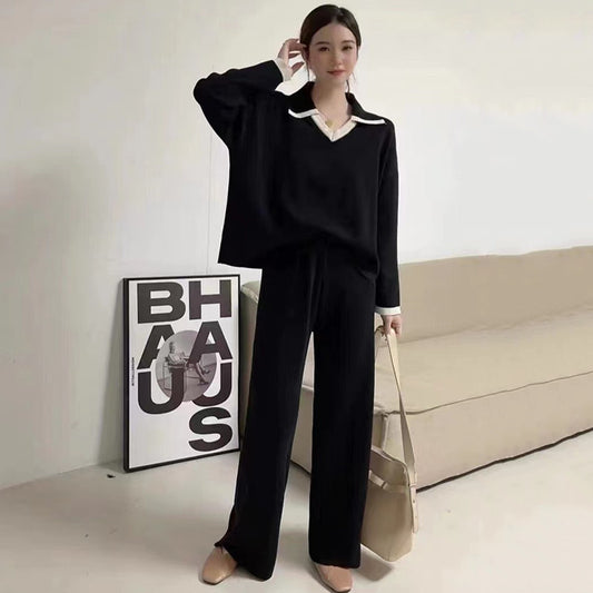 Contrast Color Pullover Loose Niche Casual Wide-leg Pants For Women Knitting Suit