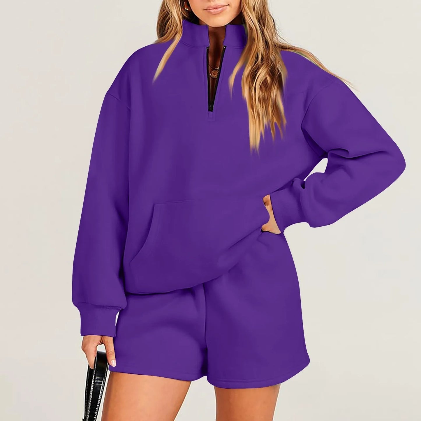 Women's Fashion Solid Color Stand Collar Half Zip Pullover Long Sleeve Sweater Shorts Suit