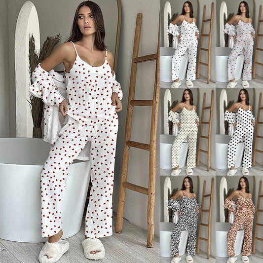 Cotton Home Wear Crepe Printed Suspender Trousers Full Floor Printed Bathrobe Women's Pajama Suit Casual Breathable Comfortable