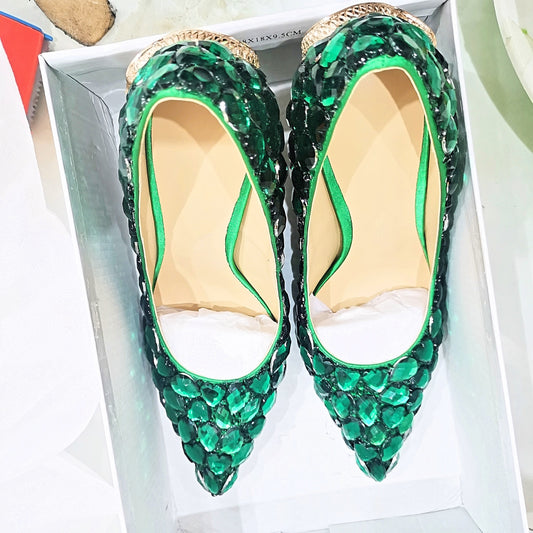Women's Diamond Studded By Hand Green Snake-shaped Stiletto Heels