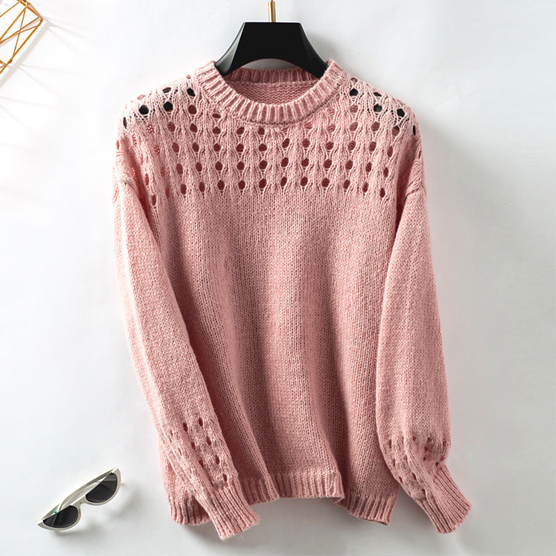 Cross Border Hollow Sweater Pullover Solid Color Round Neck Clothing Top