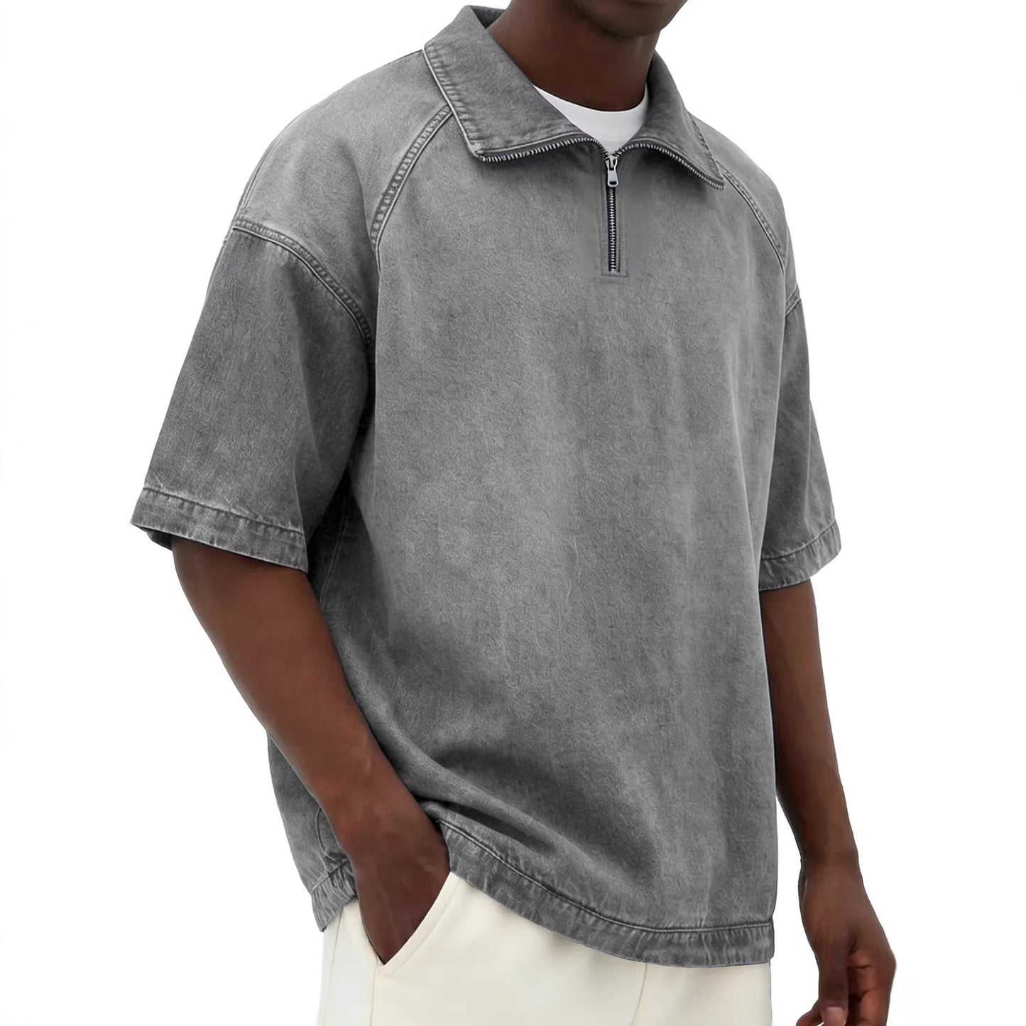 Mens Short-sleeve Lapel Zip-up T-shirt
