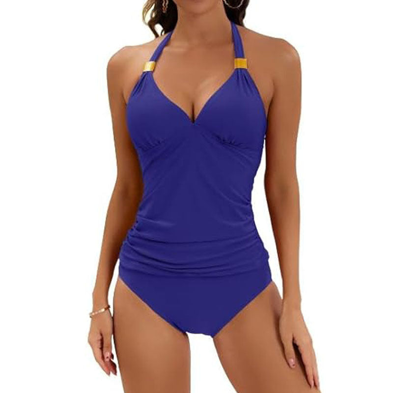 Women's Pure Color Halter Split Tie Two Piece Swimsuit