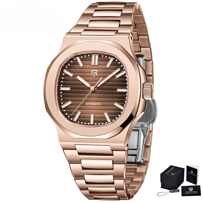 Men's Stainless Steel Automatic Mechanical Waterproof Barrel-shaped Wristwatch