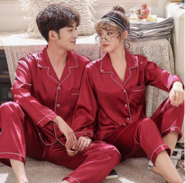 New Wedding Couple Pajamas Spring And Autumn Red Female Bridal Ice Silk Home Service Suit Natal Male Summer Bride