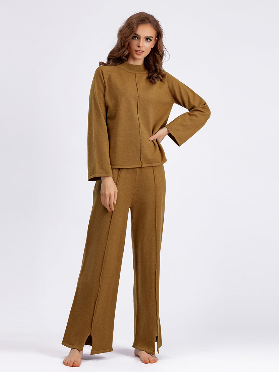 Solid Color Pullover Sweater Two-piece Slit Knitted Wide-leg Pants