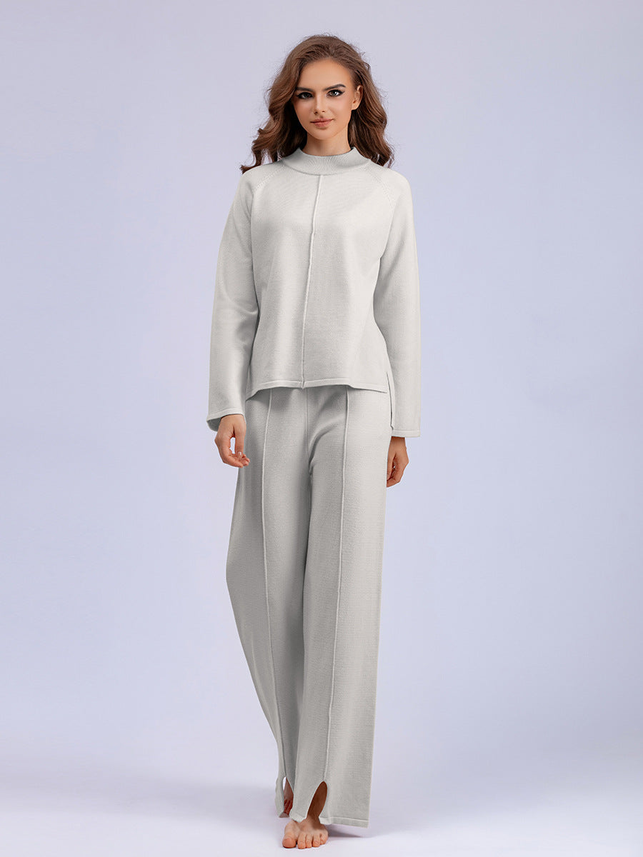 Solid Color Pullover Sweater Two-piece Slit Knitted Wide-leg Pants