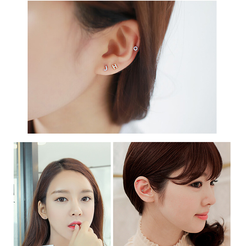 Korean Alphabet Stud Earrings Studded Zircon Simple Temperament 925 Sterling Silver Ears Japan and South Korea Hypoallergenic Earrings Earrings