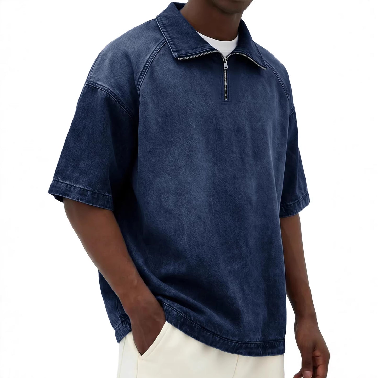 Mens Short-sleeve Lapel Zip-up T-shirt