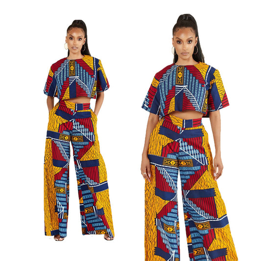 Summer Suit Women's Casual Ethnic Style Women's Fashion Short Sleeve Two-piece Wide Leg