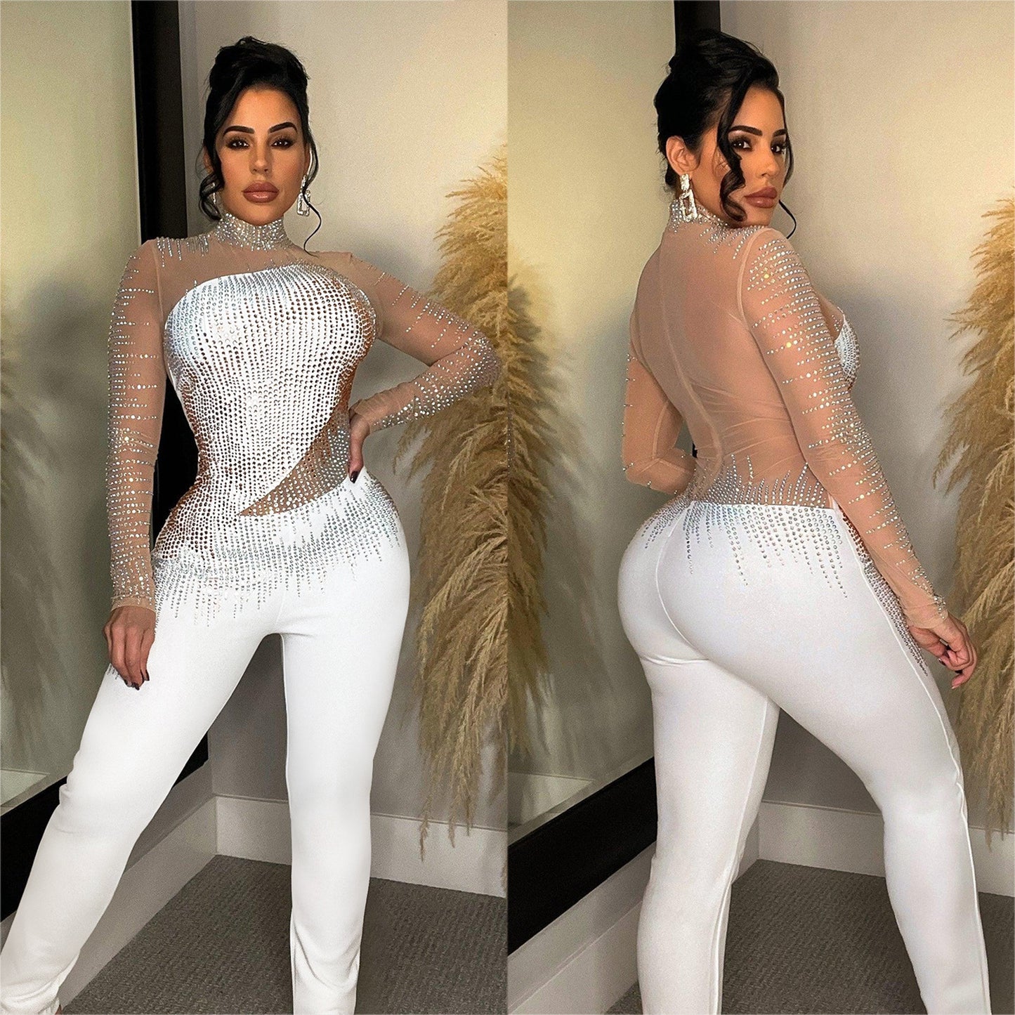 Women's Pure Color Mesh Rhinestone Long-sleeved Trousers Jumpsuit