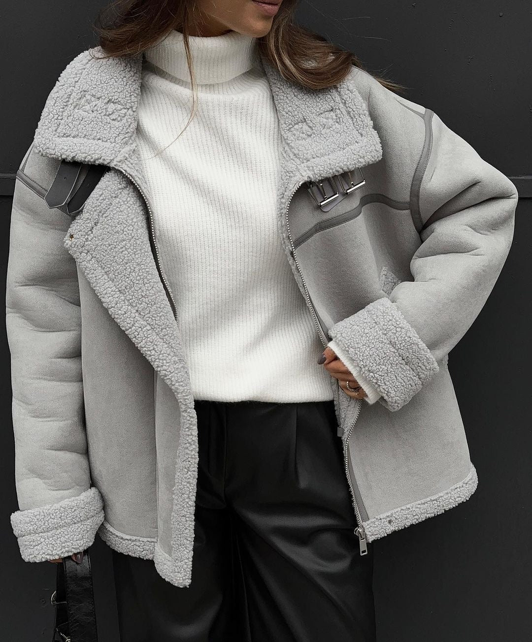 One-piece Lamb Wool Design Sense Stitching Street Locomotive Style Cotton-padded Coat