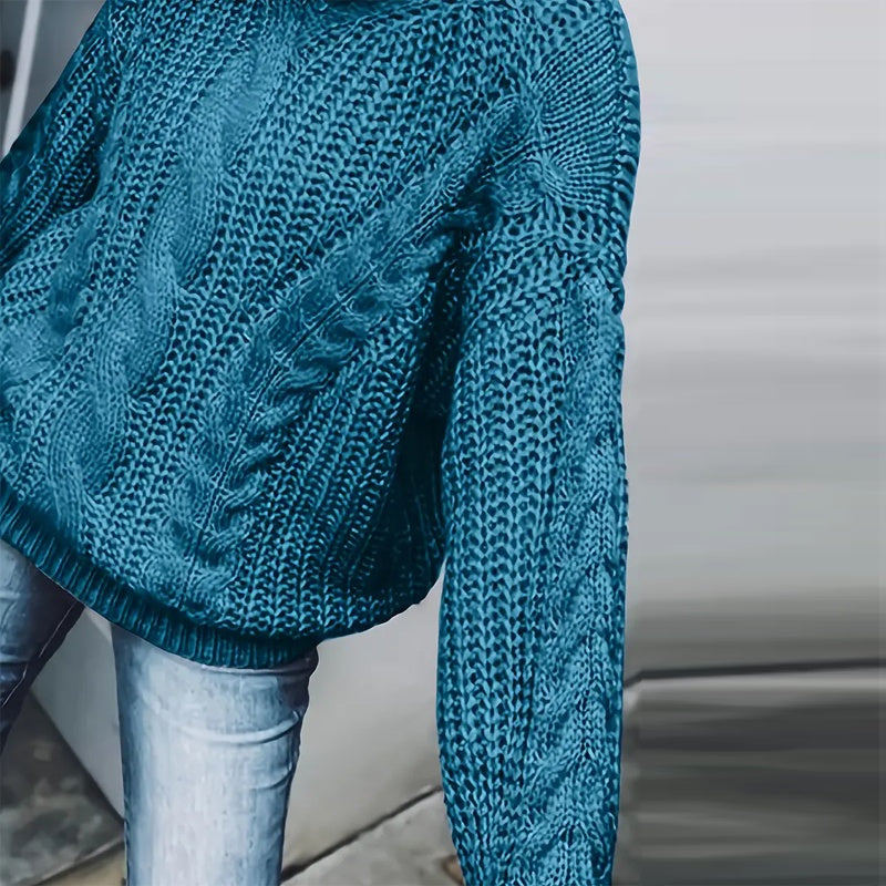 Women's Cable Knit Turtleneck Sweater, Classic Long Sleeve Winter Knitwear For Casual And Formal Wear