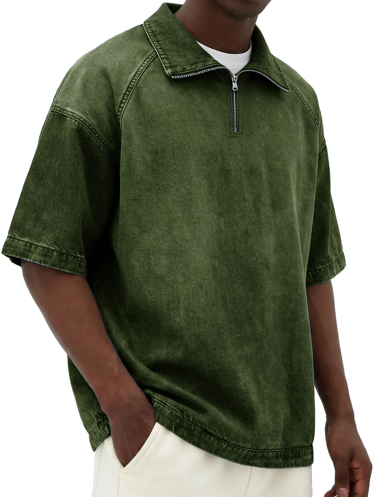 Mens Short-sleeve Lapel Zip-up T-shirt