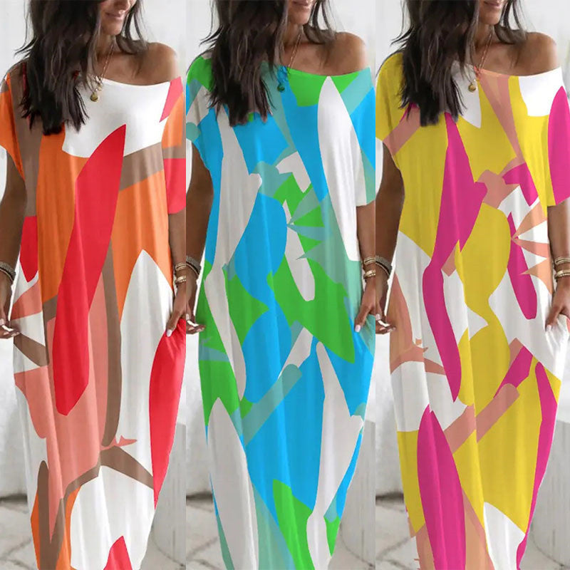 Fashion Crew Neck Short Sleeve Printed Loose Fit Dress