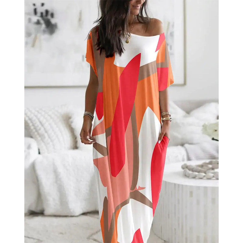 Fashion Crew Neck Short Sleeve Printed Loose Fit Dress