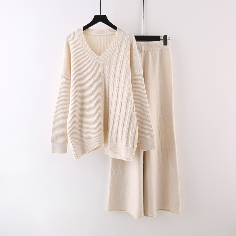 Solid Color And V-neck Sweater Autumn And Winter New Loose Casual Knitted All-matching Wide Leg Pants Two-piece Suit