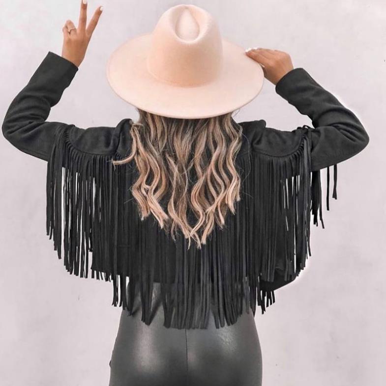 Women's Faux Suede Leather Fringe Jacket Motorcycle Moto Biker Short Open Front Tassel Coat