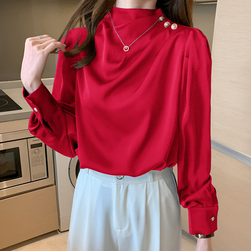 Fashion Satin Shirt Women Puff Sleeve