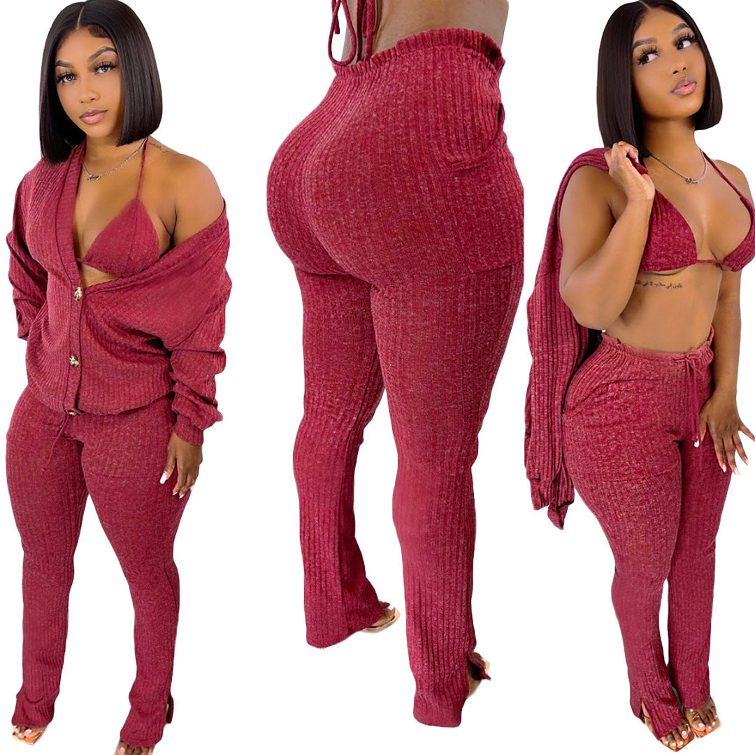 Sweater Coat Underwear Pocket 3-piece Set Suit