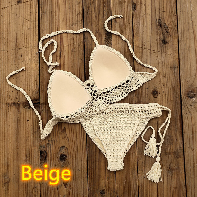 Women's Fashion Solid Color Handmade Crochet Bikini Suit