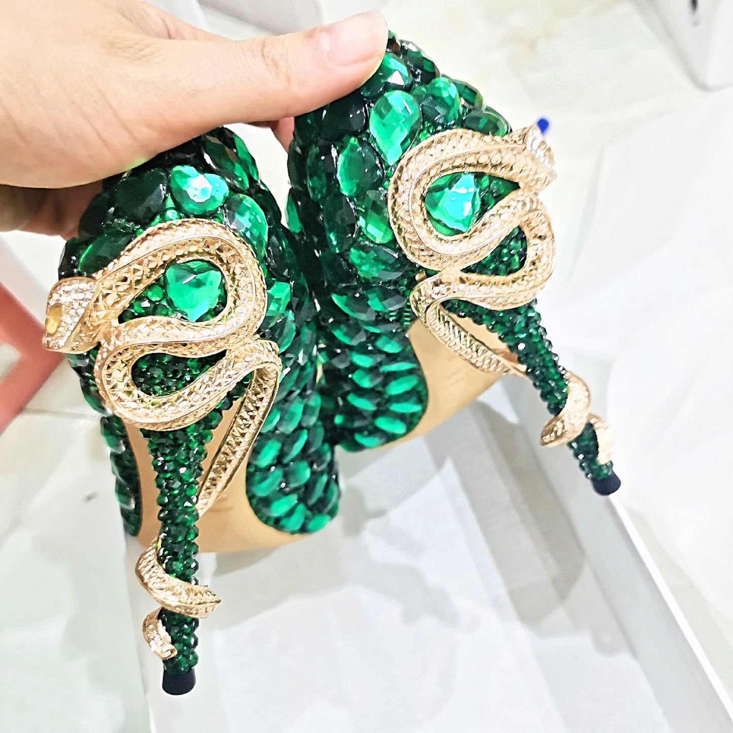 Women's Diamond Studded By Hand Green Snake-shaped Stiletto Heels