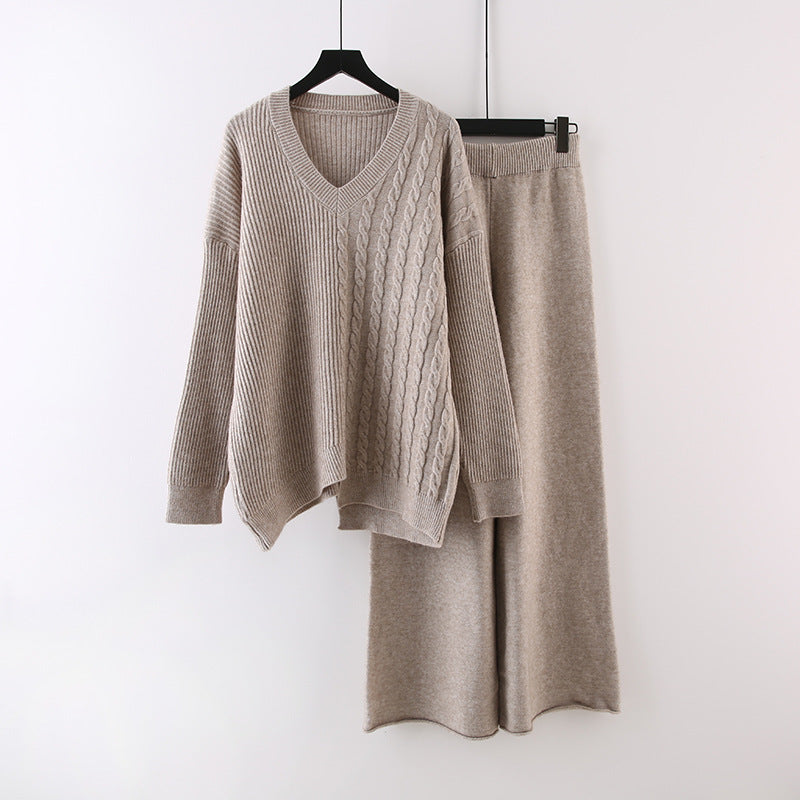 Solid Color And V-neck Sweater Autumn And Winter New Loose Casual Knitted All-matching Wide Leg Pants Two-piece Suit