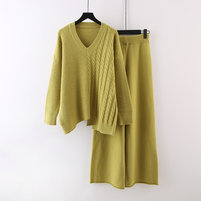 Solid Color And V-neck Sweater Autumn And Winter New Loose Casual Knitted All-matching Wide Leg Pants Two-piece Suit