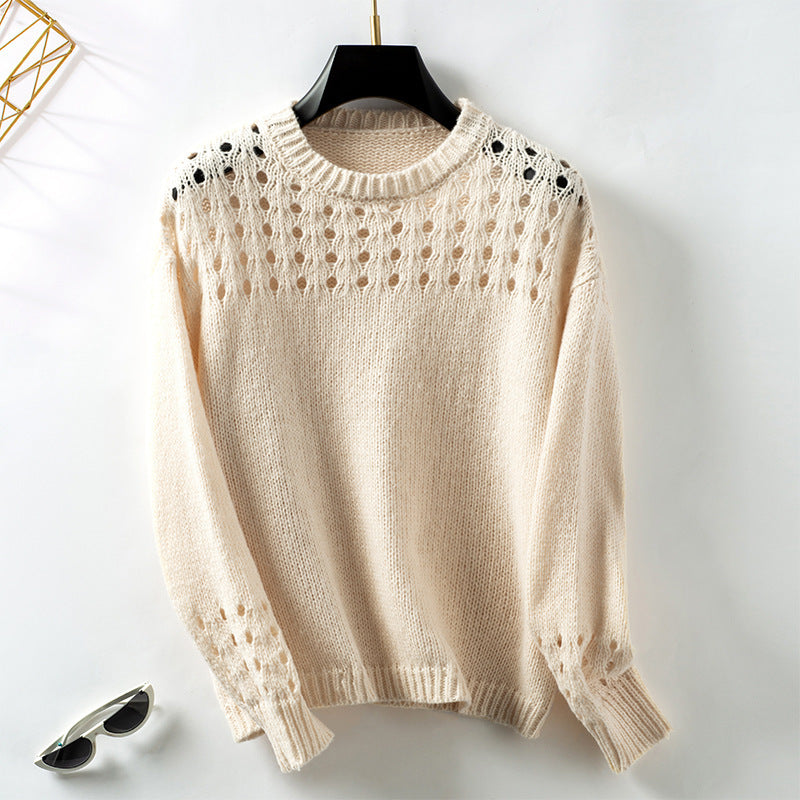 Cross Border Hollow Sweater Pullover Solid Color Round Neck Clothing Top