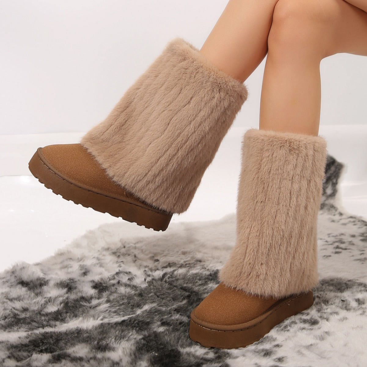 Thick-soled Round-toed Plush Snow Boots Winter Warm Mid-tube Furry Cotton Shoes For Women Short Boot