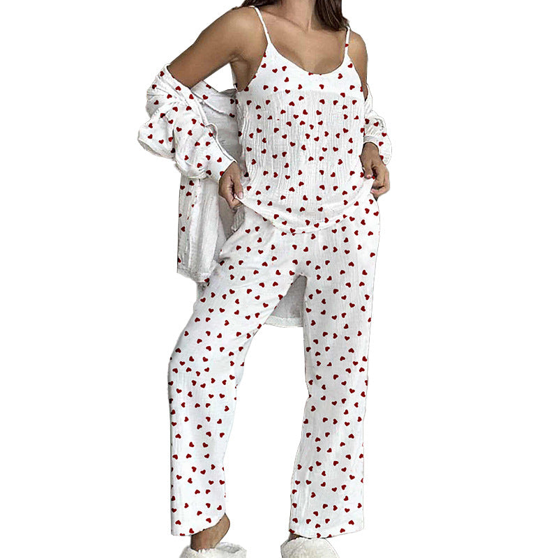 Cotton Home Wear Crepe Printed Suspender Trousers Full Floor Printed Bathrobe Women's Pajama Suit Casual Breathable Comfortable