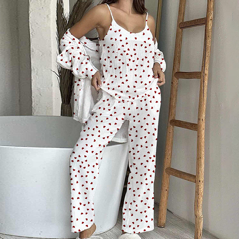 Cotton Home Wear Crepe Printed Suspender Trousers Full Floor Printed Bathrobe Women's Pajama Suit Casual Breathable Comfortable