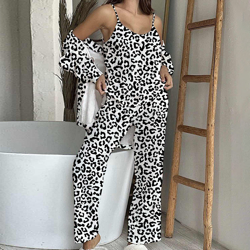 Cotton Home Wear Crepe Printed Suspender Trousers Full Floor Printed Bathrobe Women's Pajama Suit Casual Breathable Comfortable