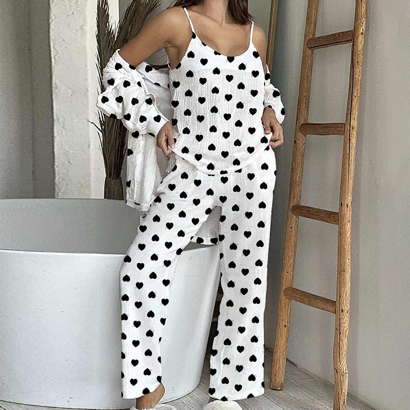 Cotton Home Wear Crepe Printed Suspender Trousers Full Floor Printed Bathrobe Women's Pajama Suit Casual Breathable Comfortable