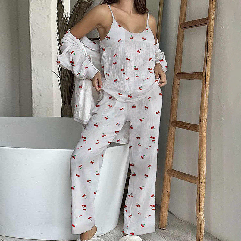 Cotton Home Wear Crepe Printed Suspender Trousers Full Floor Printed Bathrobe Women's Pajama Suit Casual Breathable Comfortable