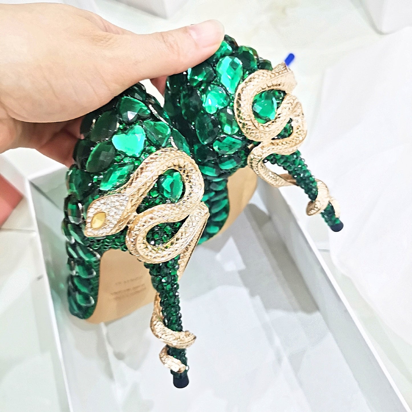 Women's Diamond Studded By Hand Green Snake-shaped Stiletto Heels