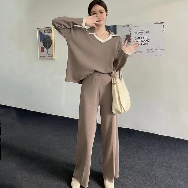 Contrast Color Pullover Loose Niche Casual Wide-leg Pants For Women Knitting Suit