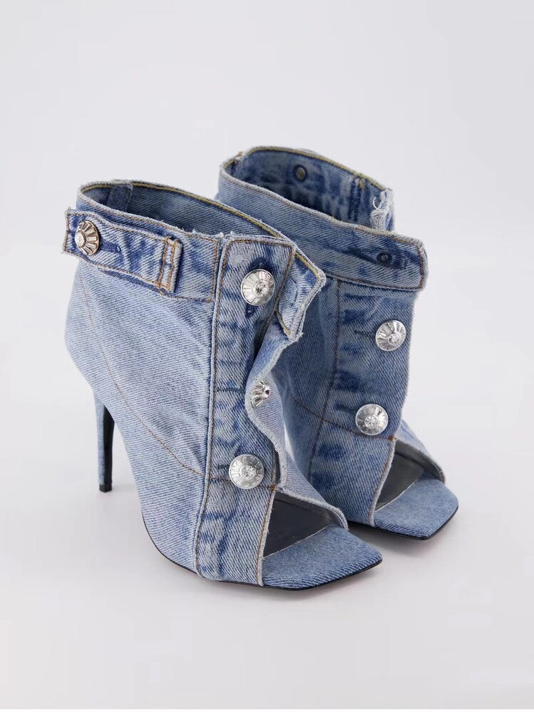 Short Boots High Heeled Rivets Denim Fabric Short Tube