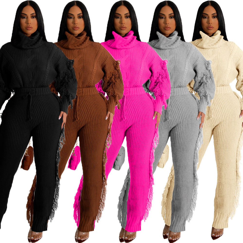 Casual Solid Color Knitted Long Sleeve Turtleneck Tassel Suit