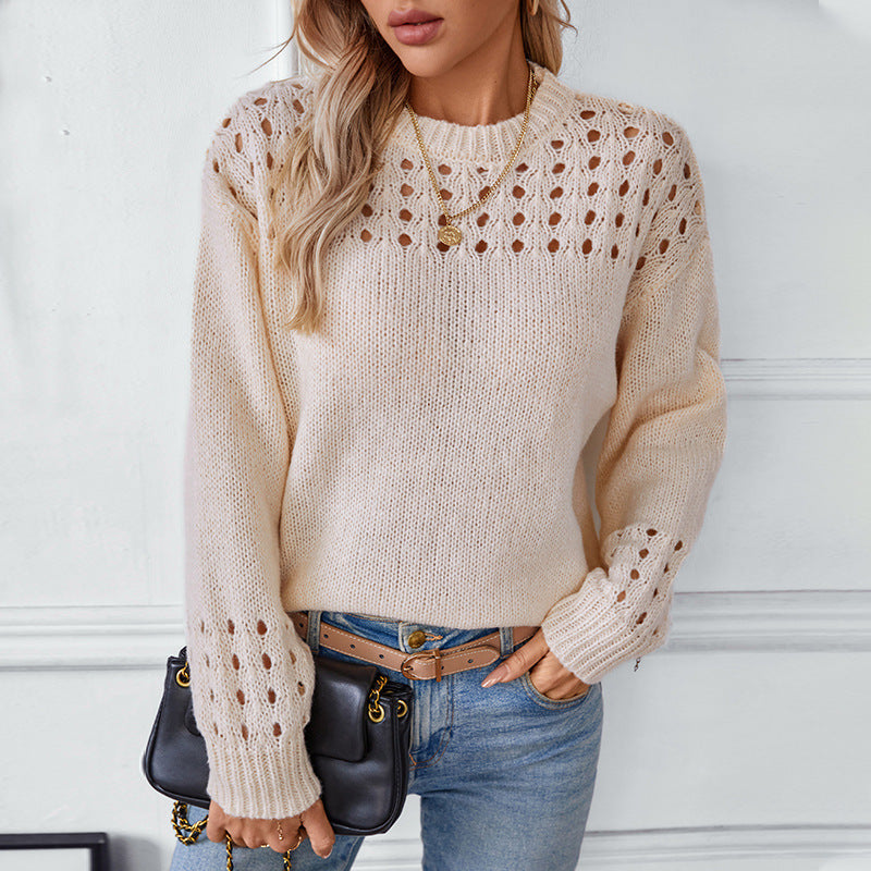 Cross Border Hollow Sweater Pullover Solid Color Round Neck Clothing Top