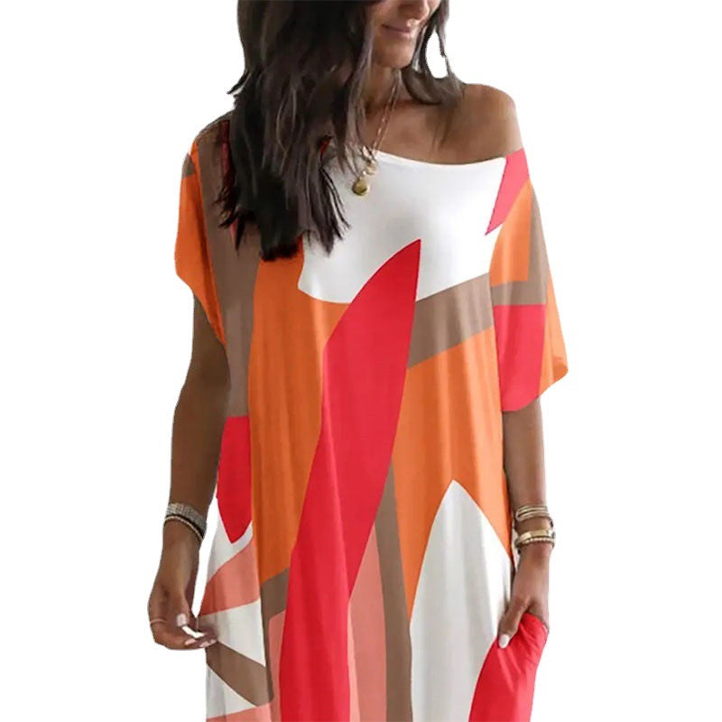 Fashion Crew Neck Short Sleeve Printed Loose Fit Dress