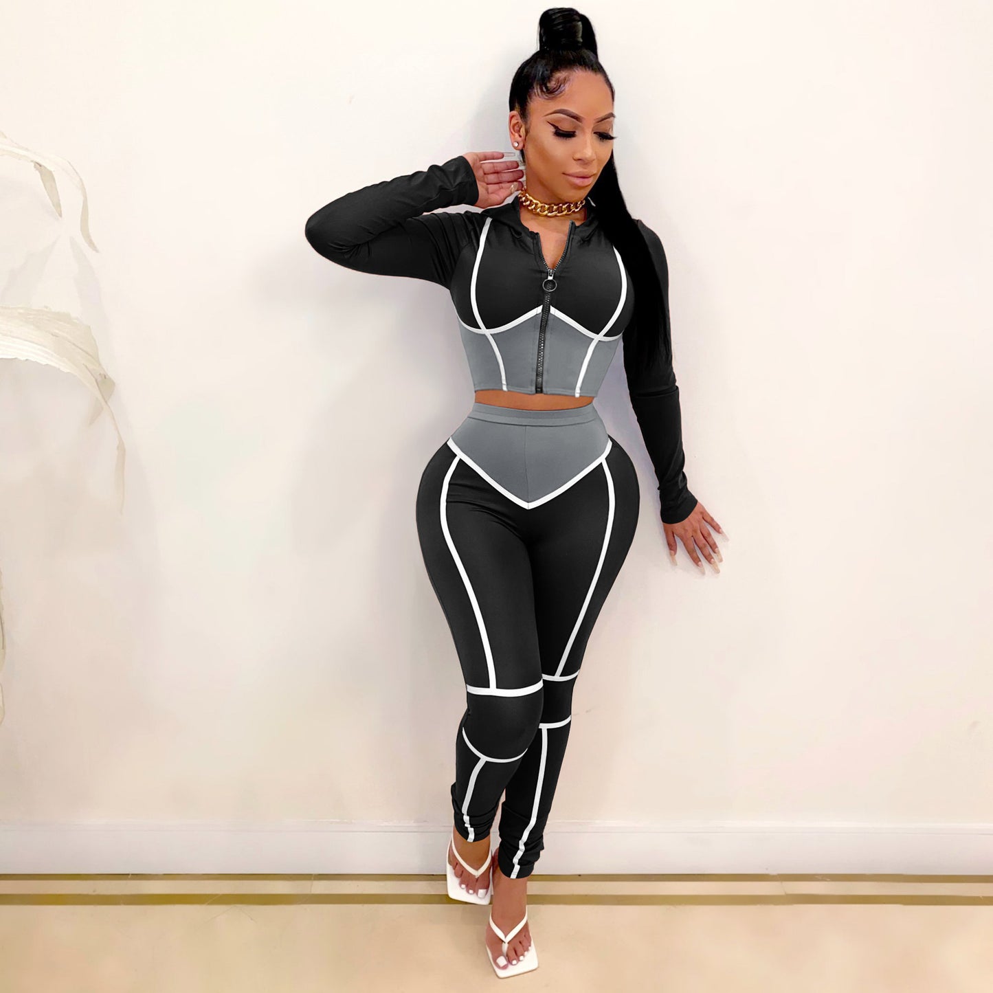 Women's Clothing Fashion Yoga Clothes Contrast Color Tight Two-piece Sports Suit